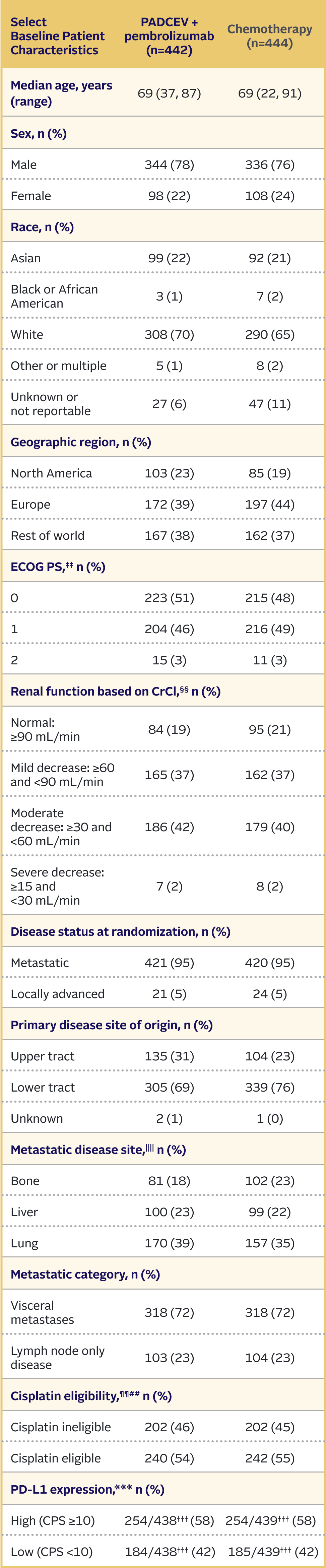 Table showing EV-302 trial baseline patient characteristics for PADCEV + pembrolizumab and chemotherapy.