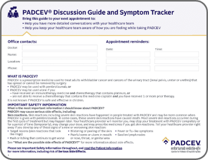 PADCEV doctor discussion guide and symptom tracker downloadable PDF.